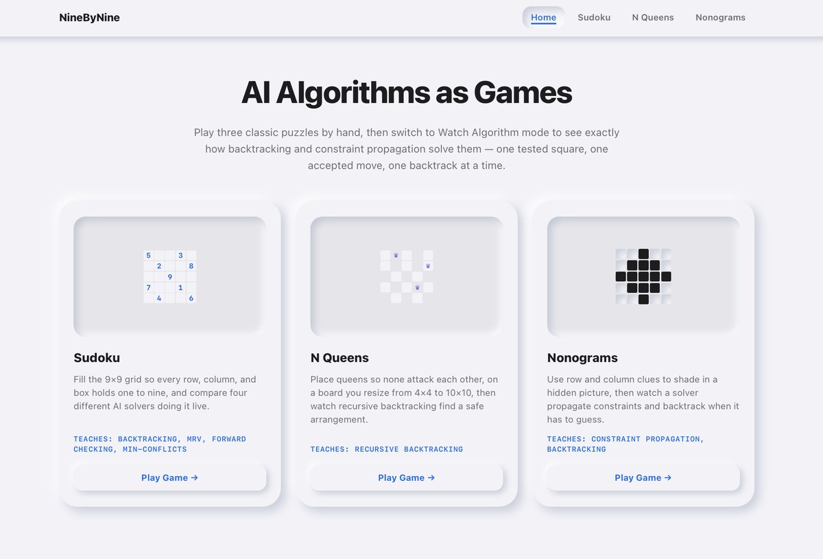 Nine by Nine homepage showing the Sudoku, N Queens, and Nonograms games